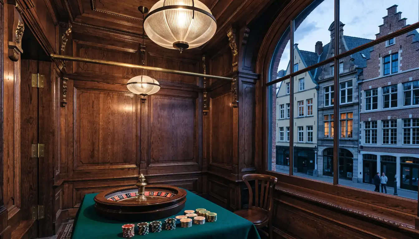 Belgische gamelounge met houten lambrisering, roulettewiel en chips onder warm licht.