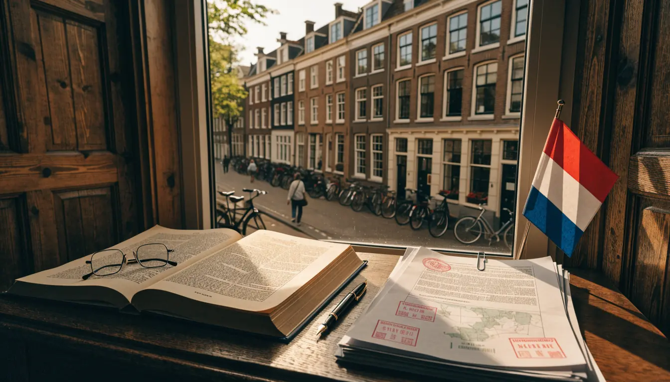 Nederlands kantoor met juridische documenten en wetboek op bureau