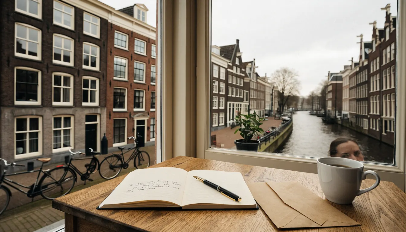 Houten bureau bij een Nederlands raam met notitieboek, vulpen en envelop
