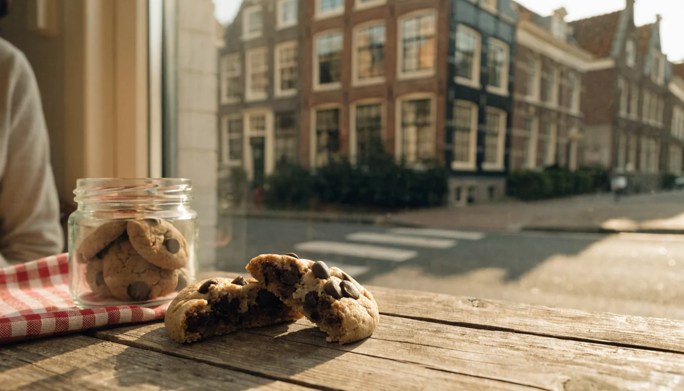 Een vers gebakken chocoladekoekje op een houten tafel met een pot koekjes ernaast.