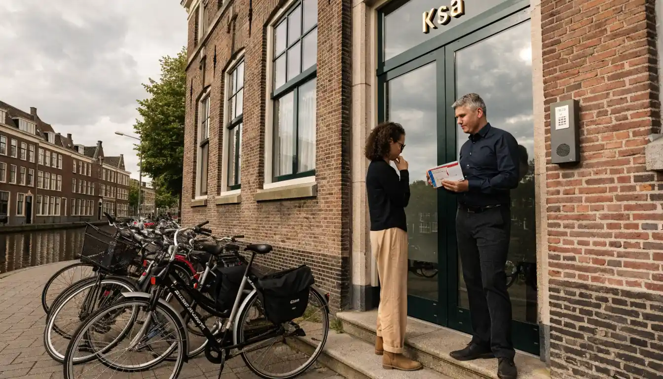 Ksa-gebouw in Nederland met vergunninghouders bij de ingang