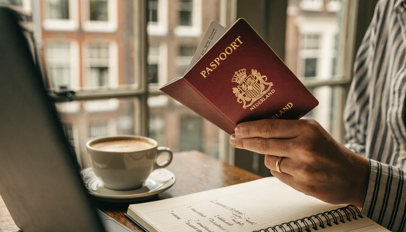 Identiteitscontrole met paspoort naast laptop op tafel