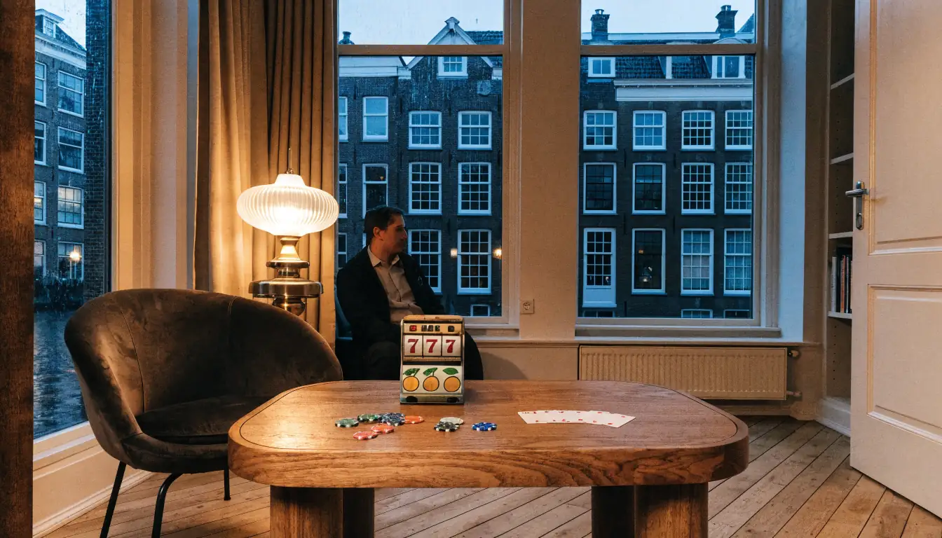 Sfeervol ingerichte Nederlandse woonkamer met casinofiches, speelkaarten en decoratieve gokkast