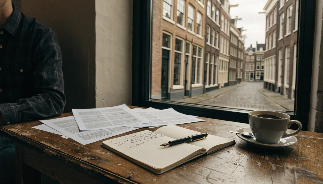 Werkplek aan een bureau met documenten, grachtenpanden zichtbaar door het raam