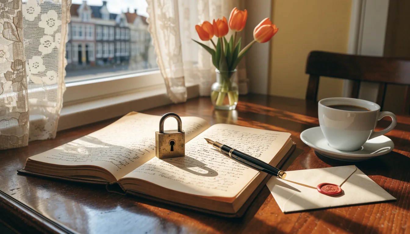 Antieke koperen hangslot op een notitieboek met tulpen en koffie op een houten bureau