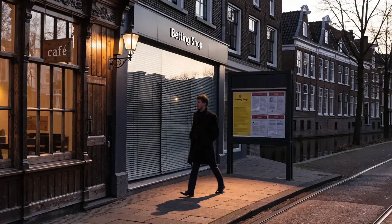 Amsterdamse gracht met een gesloten gokwinkel en een waarschuwingsbord over spelersbescherming.