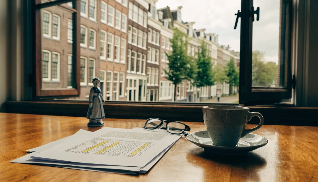 Stapel documenten op een houten tafel naast een koffiekop en leesbril in een Nederlands interieur