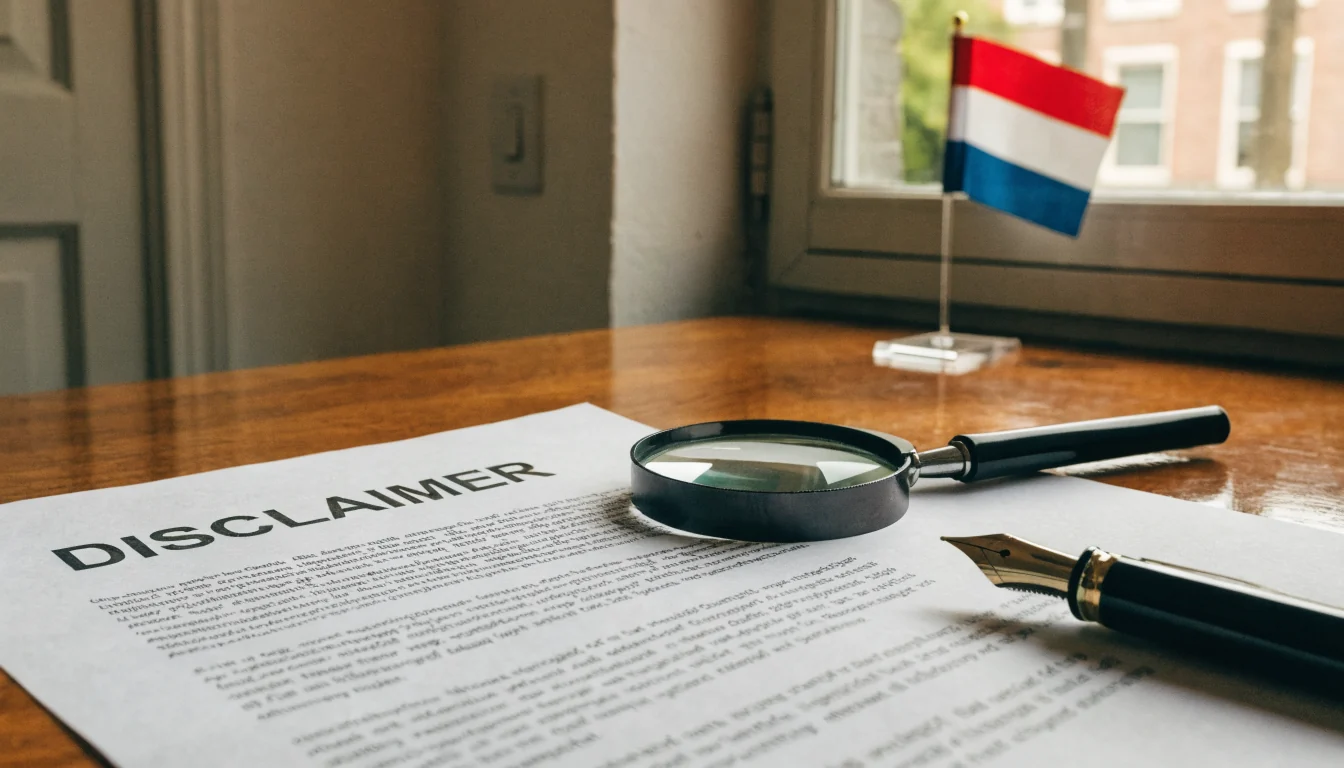 Document met vrijwaringsverklaring op een bureau met vergrootglas en Nederlandse vlag.